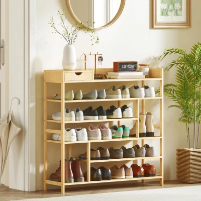 HOMCOM Bamboo Shoe Rack with Drawer, 6 Tier Shoe Stand with Slatted Shelves, 18 Pairs Footwear Organiser for Hallway, Entryway, 101 x 30 x 100 cm, Natural Wood Finish