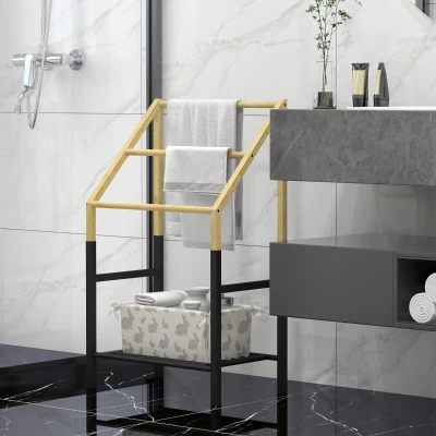 HOMCOM 3-Tier Bamboo Towel Rack with Storage Shelf, Freestanding Towel Rail for Bathroom and Laundry Room, Natural Wood Finish
