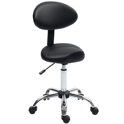 HOMCOM Height Adjustable Rolling Stool with Backrest, Salon Stool Chair with Wheels, Faux Leather Swivel Task Chair for Tattoo, Facial, Massage, Spa, Hairdressing, Black