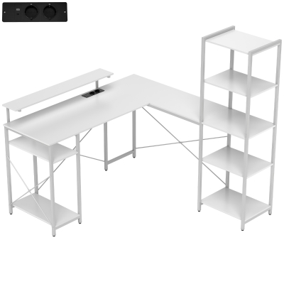 HOMCOM Biurko narożne L z półkami, biurko komputerowe z podstawką na monitor, gniazdo sieciowe, port ładowania USB, białe, idealne do biura domowego, sypialni, 137 x 140 x 139,5 cm