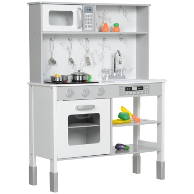 AIYAPLAY Kids Kitchen Playset with Electric Stove, 6 Cuttable Food Set, Microwave, Adjustable Height Kitchen for Kids with Storage, White