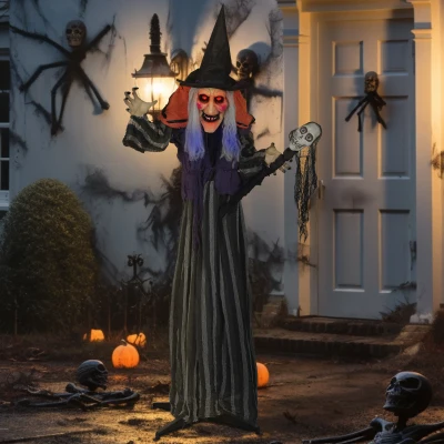 Outsunny 160 cm Dekoracja Halloween Czarownica z LED, funkcją dźwiękową, dekoracja drzwi z regulowanymi ramionami, ciałem, ogrodowa figura w naturalnej wielkości na imprezę