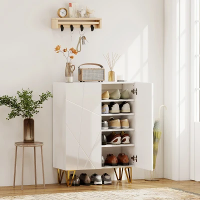 HOMCOM Szafka na Buty z 2 Drzwiami, Regał na Buty, Przechowywanie Obuwia z 4 Regulowanymi Półkami, Szafka z Cichym Zamykaniem, na 15-20 Par Butów 72 x 31,5 x 95 cm, Biały