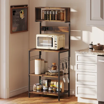 HOMCOM Regał Kuchenny, Wolnostojący Regał z 5 Hakami S, 5 Półkami, Gniazdkami, USB, Bar Kawiarniany z X-Brace, Stalowy, Rustykalny Brąz, 60 x 42 x 153 cm