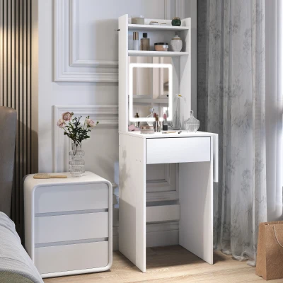 HOMCOM Small Dressing Table with Mirror and Adjustable LED Lights, Modern Vanity Desk with Drop Leaf, Open Shelves and Drawer, Compact Makeup Table for Small Spaces, Bedroom, White
