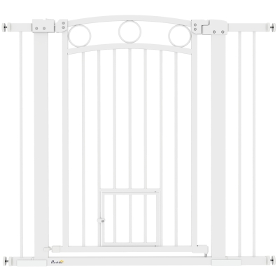 PawHut Stair Gate, 96cm Extra Tall Dog Gate with Adjustable Width 76-104cm, Pressure Fit Safety Gate with Cat Door, 7cm and 14cm Extensions, for Stairs & Doorways, Easy Installation, White