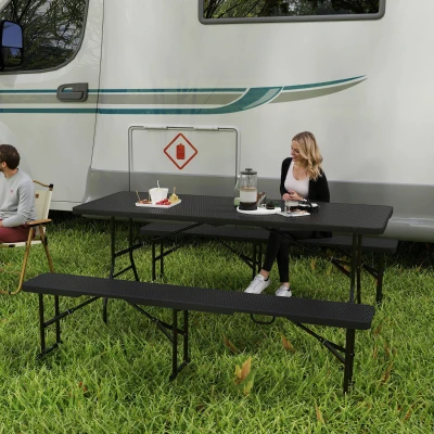 Składany stół campingowy z 2 ławkami i uchwytem.