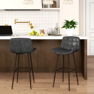HOMCOM Adjustable Swivel Bar Stools Set of Two, Modern Breakfast Bar Chairs, Faux Leather Upholstered Kitchen Stools with Backs and Footrest, Charcoal Grey