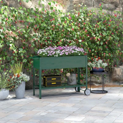 Outsunny Podwyższone Grządki z Kołami, Regał na Zioła, Metalowe, dla Ogrodu, Balkonu, Zielone 109 x 44 x 80 cm