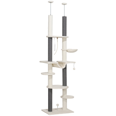 PawHut Cat Tree Tower, Floor to Ceiling Cat Tree Adjustable Height 225-255cm, 7 Tier Cat Tower with Scratching Posts, Hammock, Perches, Toy Balls, Rope Cat Toy, for Indoor Cats, White