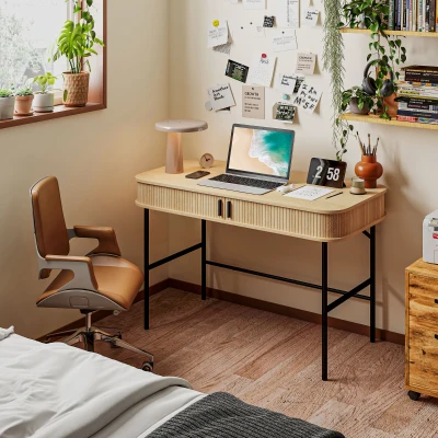 HOMCOM Computer Desk with Slatted Tambour Doors, Mid-Century Modern Home Office Writing Desk, Oak and Black