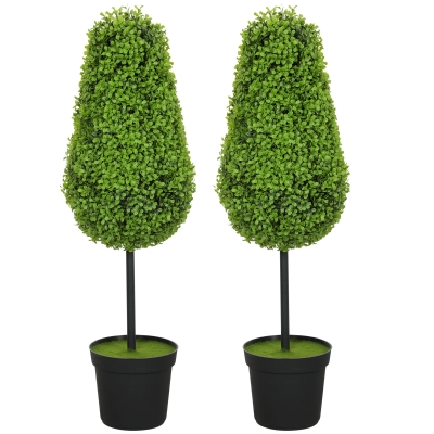 HOMCOM Set of 2 Decorative Artificial Plants, 90cm UV Resistant Faux Teardrop-Shaped Plant with Plastic Pot and Flocking, Fake Trees for Indoor Outdoor Decor, Green
