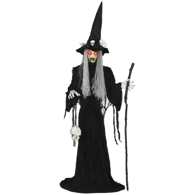 Outsunny 170 cm Dekoracja na Halloween Czarownica z LED, Funkcją Dźwiękową, Dekoracja Drzwi z Regulowanymi Rękami, Głową, Figura Ogrodowa w Naturalnej Wielkości na Imprezę