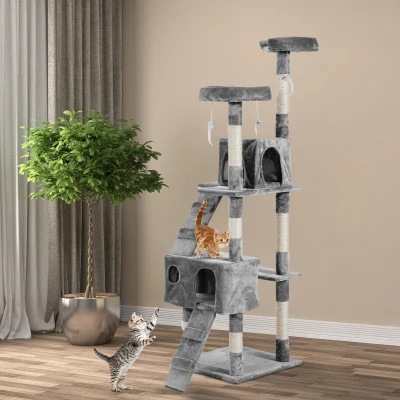 PawHut Arbre à chat griffoir grattoir double niche peluche sisal naturel hauteur 170 cm gris