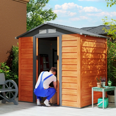 Outsunny Metal Garden Shed Tool Storage 6.5x5ft Brown