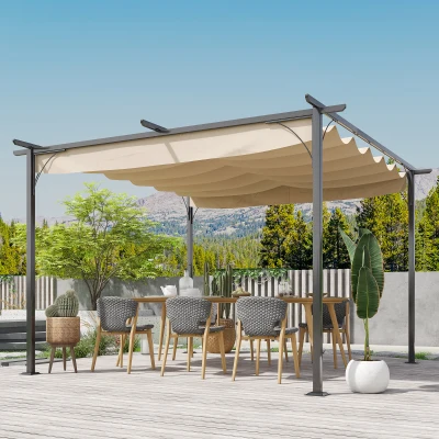 Outsunny Metal Pergola Gazebo Retractable Canopy 3.5m Beige