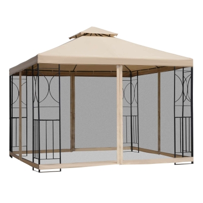 Outsunny 3x3m Garden Gazebo Steel Frame with Netting Khaki