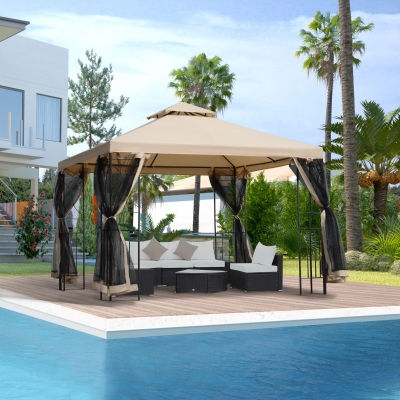 Outsunny 3x3m Garden Gazebo Steel Frame with Netting Khaki