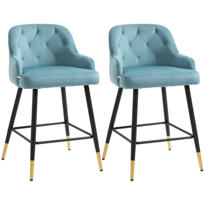 HOMCOM 2 Tabourets Bar Velours Pieds Métal - Bleu