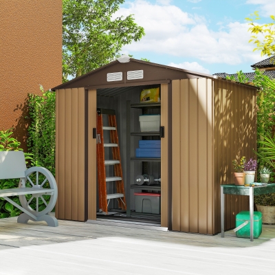 Outsunny Lockable Metal Garden Shed 7x4ft Light Brown