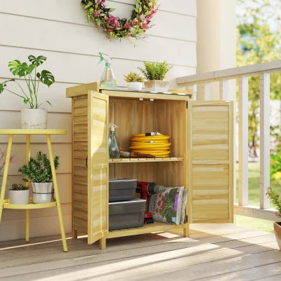Outsunny Wooden Outdoor Garden Shed with Metal Top and Hooks for Tool Storage, 71.5x39x95 cm, Natural