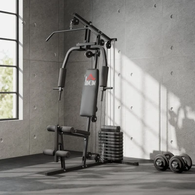 HOMCOM Máquina de Musculación con Pesas Ajustables de 45 kg Prensa de Pecho y Piernas Polea 135x103x200 cm Negro
