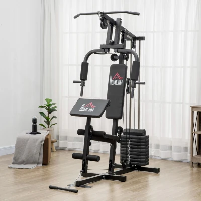 HOMCOM Máquina de Musculación con Pesas Ajustables de 45 kg Prensa de Pecho y Piernas Polea 135x103x210 cm Negro