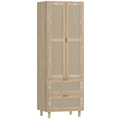 HOMCOM Schlafzimmer-Kleiderschrank mit 2 Rattan-Türen, 2 Schubladen und Kleiderstange, 63 x 47 x 185 cm, Naturholz