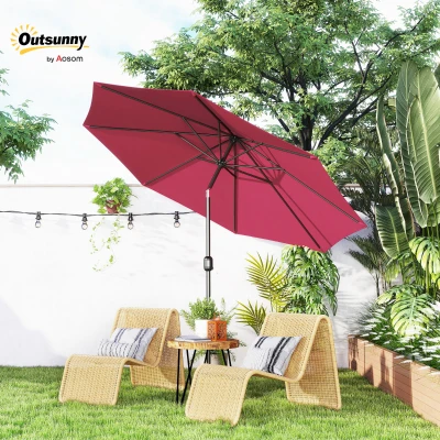 Outsunny 3m Parasol Patio Umbrella, Outdoor Sun Shade with Tilt and Crank Handle for Balcony, Bench, Garden, Wine Red