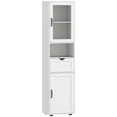 HOMCOM Columna de Baño Estrecha con Puerta de Vidrio Estantes Ajustables Cajón Estante Abierto 40x30x165 cm Blanco