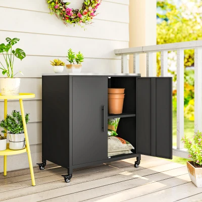 Outsunny Armário de Jardim em Metal Armário de Arrumação Exterior Tampo em Aço Inoxidável e Rodízios Preto