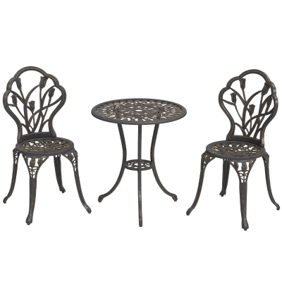 Outsunny 3-teiliger Bistro-Set für den Außenbereich mit 2 Gartenstühlen und rundem Beistelltisch mit Schirmloch, Tisch- und Stuhlset aus Aluminium für Terrasse, Hof, Bronze