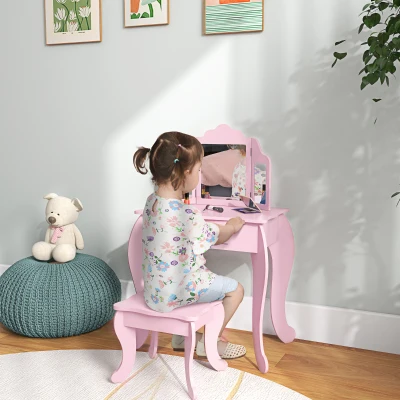 HOMCOM Toucador Infantil de Madeira com Banco e Espelho de Acrílico de 2 Seções Mesa de Maquilhagem Infantil 63x40x85,5 cm Rosa