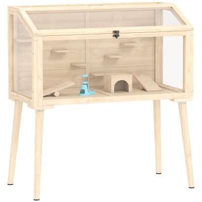 PawHut Cușcă pentru hamster habitat pentru rozătoare lemn FSC acoperiș rabatabil 7 platforme 2 leagăne 110x52x101cm efect lemn natural