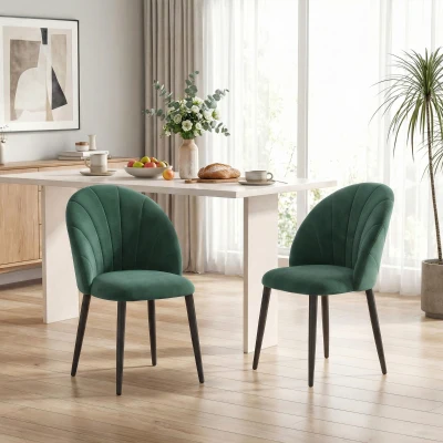 HOMCOM Set de 2 Sillas de Comedor en Terciopelo, Sillas de Cocina con Respaldo Curvo en Forma de Concha, Patas de Acero, Estilo Nórdico, Silla Acolchada para Cocina, Dormitorio, Salón, Verde oscuro