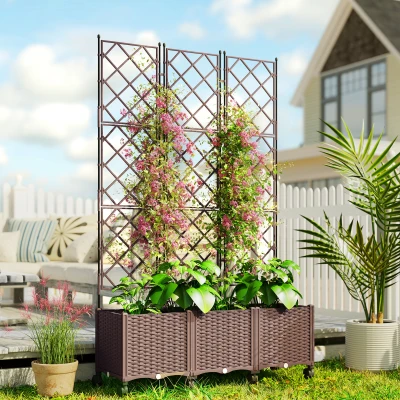 Outsunny Floreira com Treliça e Rodas com Drenagem para Cultivo de Legumes, Flores e Ervas 120x40x192 cm Castanho