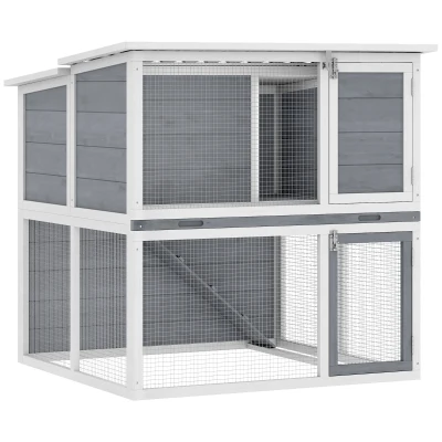 Pawhut Viveiro para Coelhos 2 Andares em Madeira com Telhado Rebatível à Prova de Intempéries Recinto Externo Rampa 98x95x102,5 cm Cinza