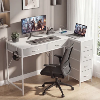 HOMCOM Reversibler Eckschreibtisch mit 6 Schubladen 126x48 cm mit Stromanschluss Puerto de Carga USB und USB-C Weiß