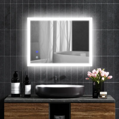kleankin Espejo de Baño con Luces LED Regulable en 3 Colores 80x60 cm Función Antivaho Función de Memoria Interruptor Táctil