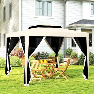 Outsunny 3 x 3 m Gazebo, Netting Party Tent, Patio Canopy Outdoor Event Shelter with Double Tier Roof, Beige