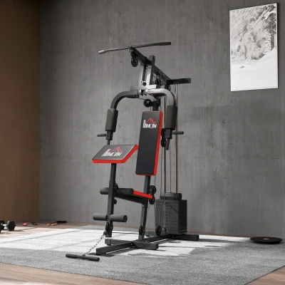 HOMCOM Máquina de Musculación con Pesas Ajustables de 65 kg Prensa de Pecho y Piernas Polea 135x103x210 cm Negro
