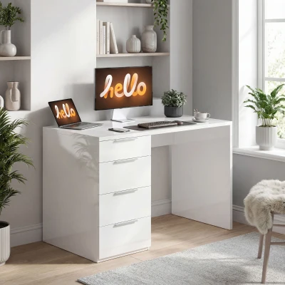 HOMCOM Schreibtisch mit 4 Schubladen für Schlafzimmer und Büro, 110x61.5x75 cm, Hochglanzweiß