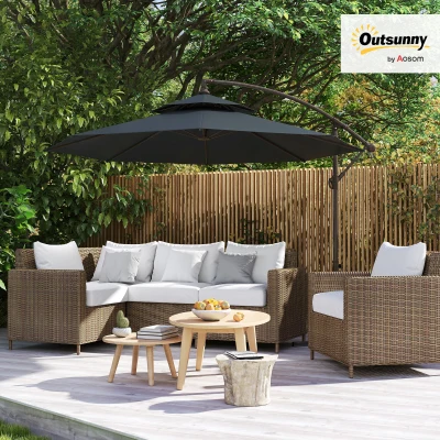 Outsunny 2.7m Garden Banana Parasol Cantilever Umbrella with Crank Handle, Double Tier Canopy and Cross Base for Outdoor, Hanging Sun Shade, Black