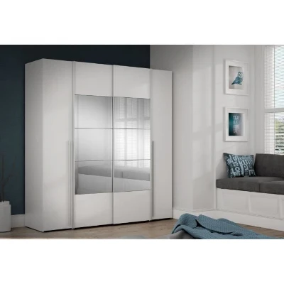 Armoire NARAGO - Décor Blanc mat - 2 portes coulissantes + miroir + 2 portes battantes + 2 penderies - L200 x P61 x H210 cm