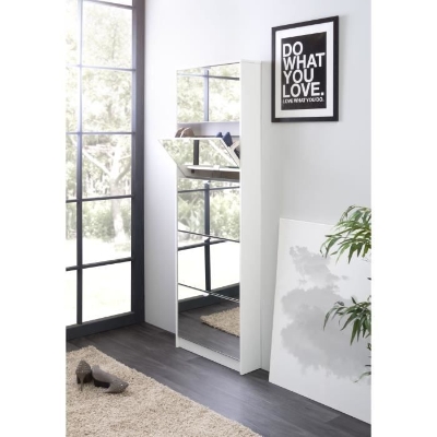 Meuble a chaussures - Blanc et Facades miroir- L58 x H177 x P17 cm - 15 paires - 5 abattants  - KOBLENZ