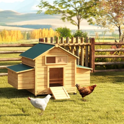 PawHut Wooden Outdoor Chicken Coop with 2 Nests Removable Tray Perches Waterproof Roof 150x100x96.5 cm Yellow