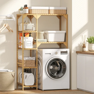HOMCOM Mobilier deasupra mașinii de spălat din bambus cu 7 rafturi reversibile, spațiu economisitor, pentru depozitare și organizare, pentru baie și spălătorie, 100x40x157 cm, culoare lemn