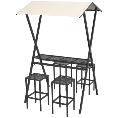 Outsunny Outdoor Barmöbel-Set, Rattanoptik, 4 Barhocker & 1 hoher Bartisch, mit Dach, Metallrahmen, Schwarz/Khaki