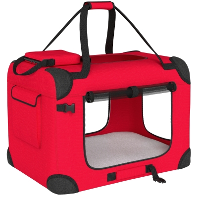 PawHut Transportadora Dobrável para Cães 60x41,5x41 cm com Janelas de Rede, Almofada Macia e 2 Alças para Mini Cães e Gatos Vermelho