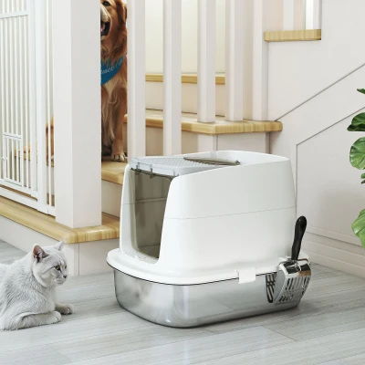 PawHut Arenero para Gatos de Acero Inoxidable L con Tapa Abatible Pala Metálica Bolsa Desodorizante Fácil de Limpiar Blanco